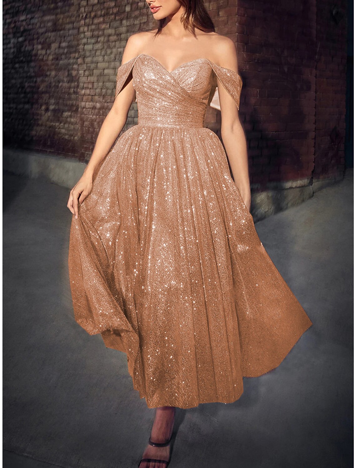 Weitese Women's Sequin Dress Prom Dress Party Dress Long Dress Maxi Dress Champagne Short Sleeve Plain Sequins Summer Spring Fall Off Shoulder Elegant Wedding Guest Evening Party Vacation
