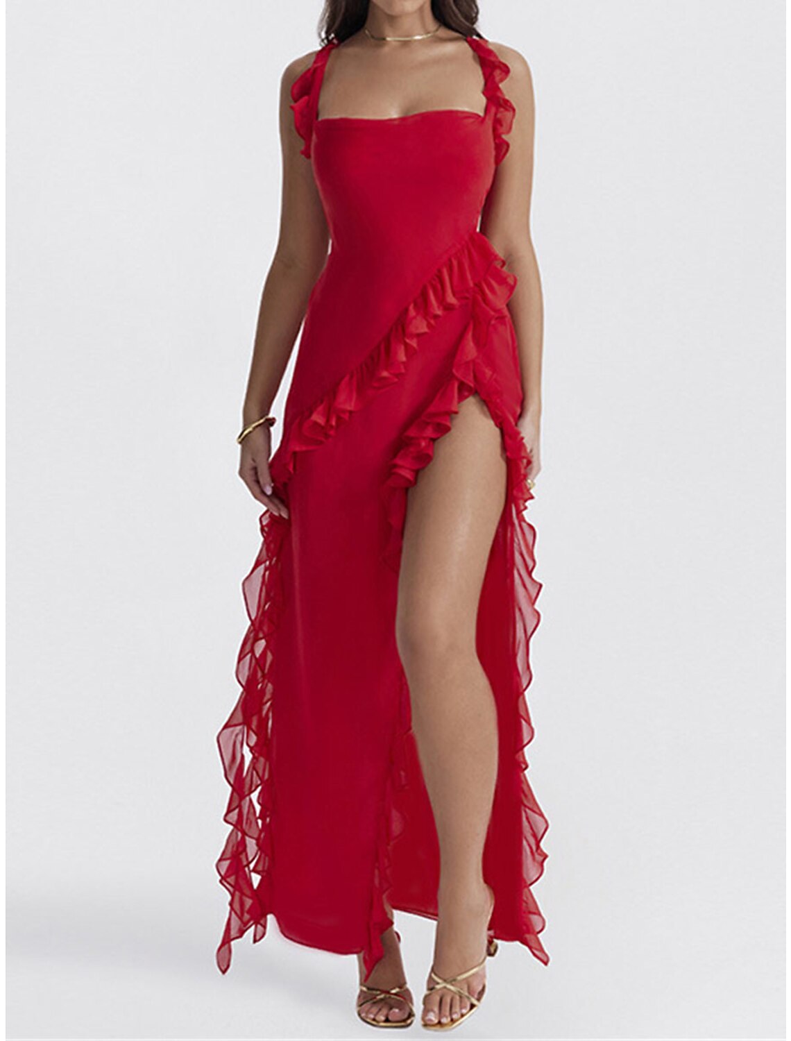 Women's Christmas Prom Dress Party Dress New Year's Eve Dress Sheath Dress Long Dress Maxi Dress Black Red Light Blue Sleeveless Ruffle Spring Fall Winter Spaghetti Strap