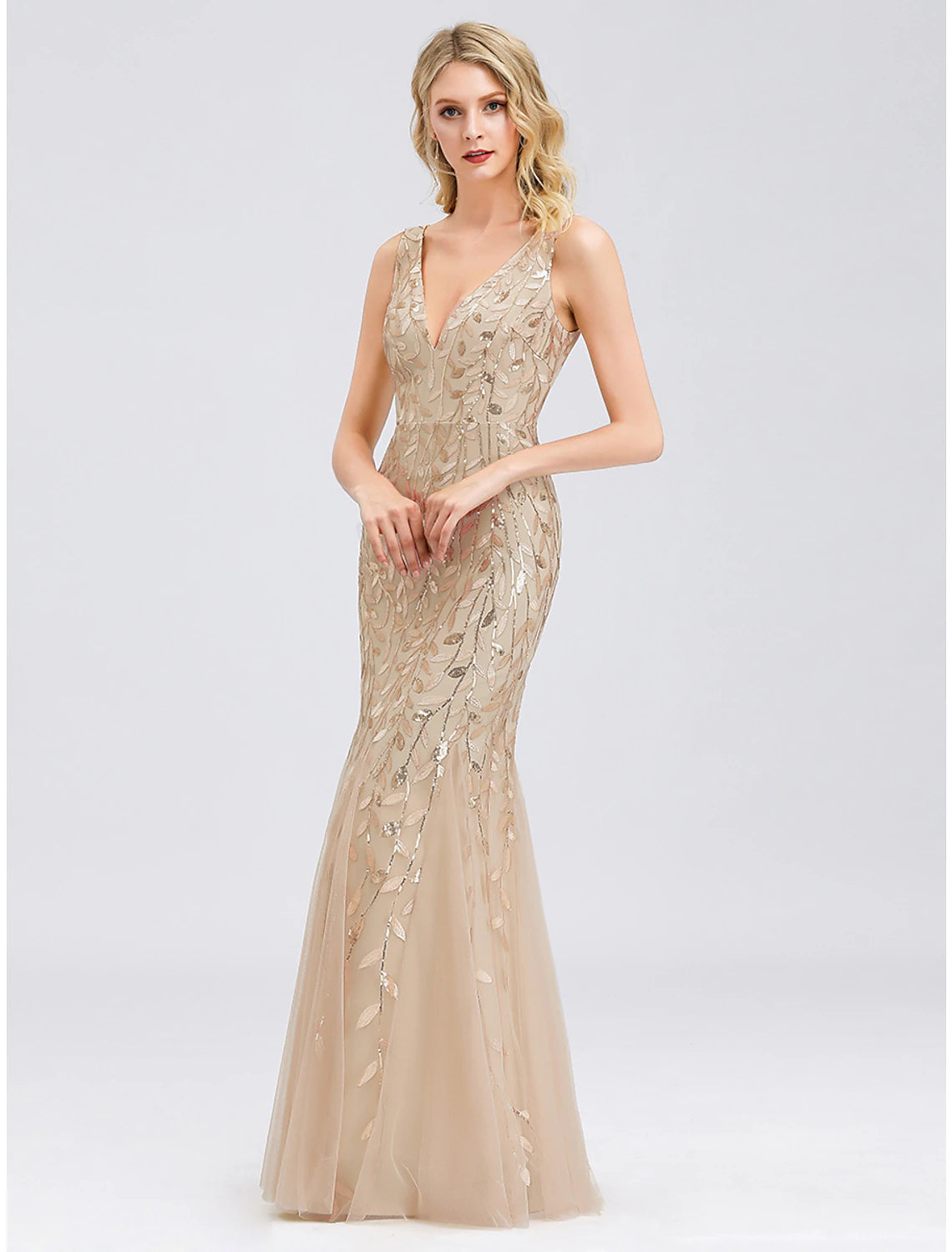 Mermaid Dress Sparkle Red Green Dress Prom Formal Evening Valentine‘s Day Dress V Neck V Back Sleeveless Floor Length Tulle with Sequin Appliques