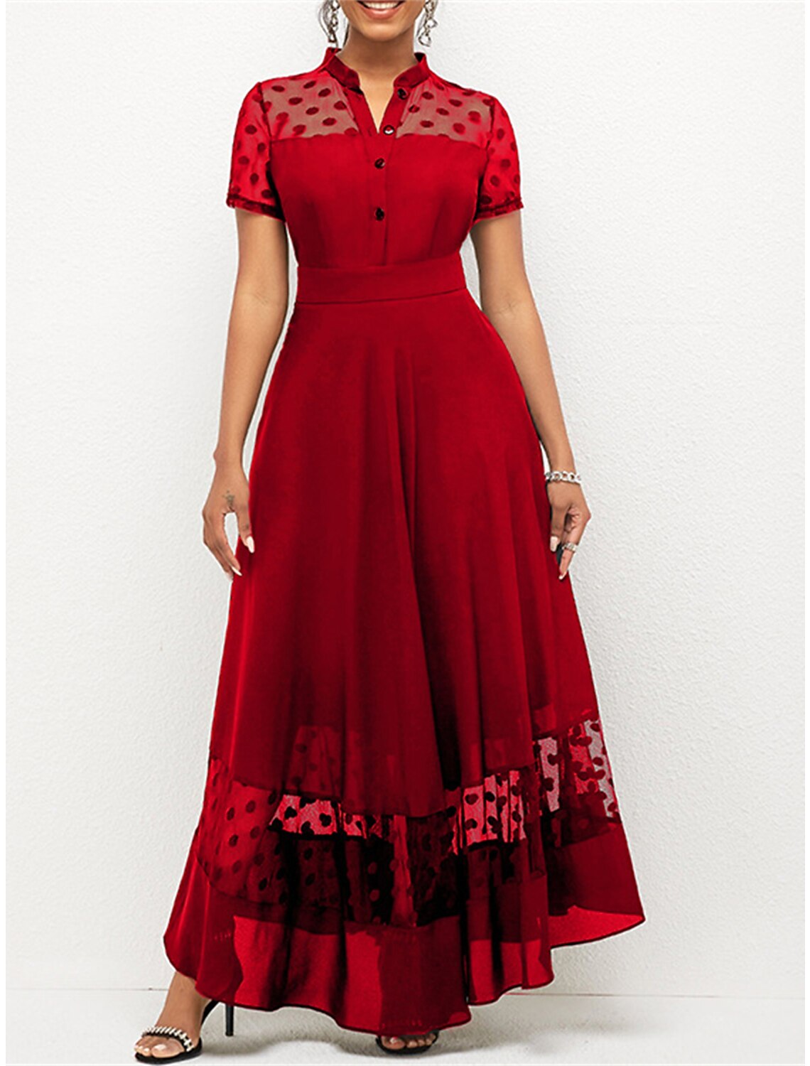 Women's Prom Dress Party Dress Cocktail Dress Long Dress Maxi Dress Black Wine Short Sleeve Polka Dot Ruched Spring Fall Winter V Neck Fashion Winter Dress Wedding Guest Birthday