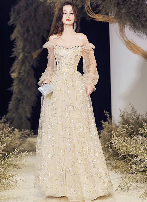 A-line Champagne Tulle Long Evening Dress Party Dress
