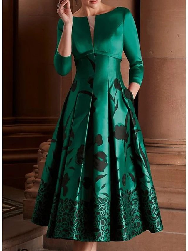 Women‘s Emerald Green Party Christmas Dress Midi Dress Green 3/4 Length Sleeve Floral Print Summer Spring Fall Winter V Neck Dress