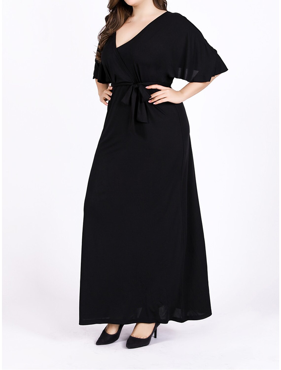 Robe noire grande taille Weitese pour femme, robe de bal, robe de soirée, robe longue, robe longue, noire, manches courtes, unie, lacets, été, printemps, automne, col en V, élégante, invité de mariage, anniversaire, soirée