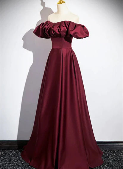 Wine Red Satin Off Shoulder Long Party Dress