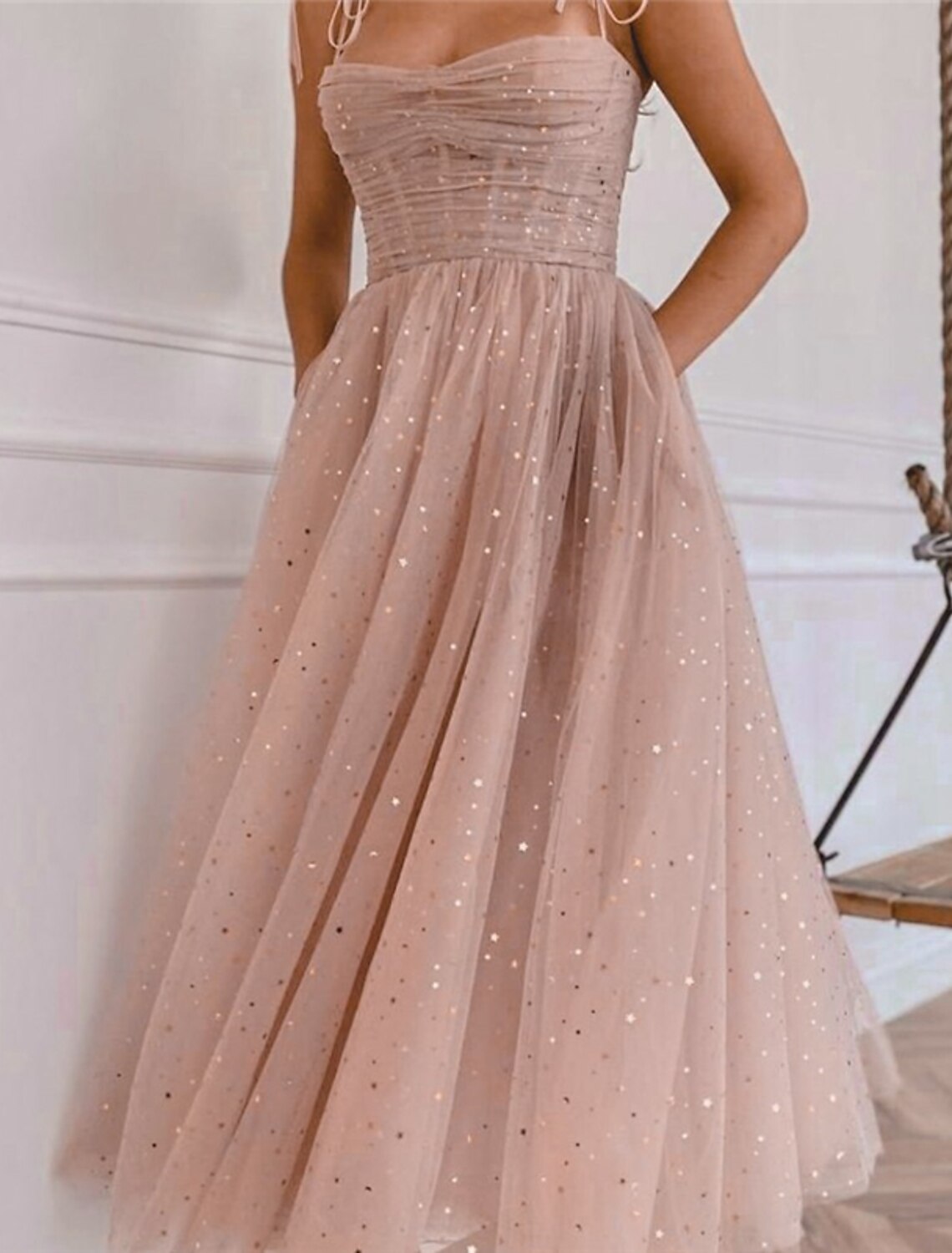 Women‘s Party Dress Swing Dress Midi Dress Pink Sleeveless Pure Color Mesh Spring Summer Spaghetti Strap Party Wedding Guest