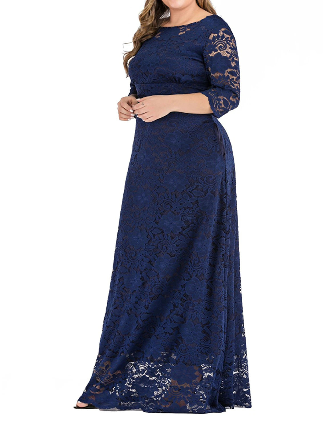 Robe de bal grande taille Weitese pour femme, robe de soirée en dentelle, robe longue, robe longue, noir, rouge, bleu foncé, manches 3/4, dentelle unie, été, printemps, automne, col ras du cou, élégante, pour mariage, anniversaire, soirée