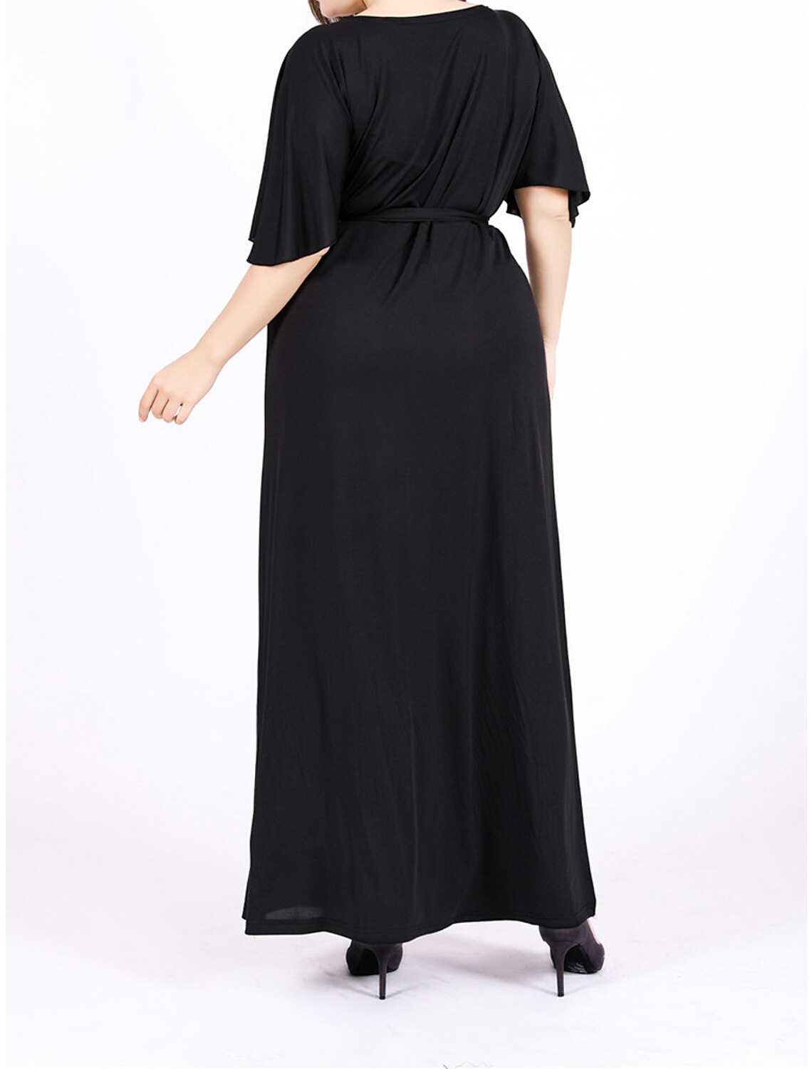 Robe noire grande taille Weitese pour femme, robe de bal, robe de soirée, robe longue, robe longue, noire, manches courtes, unie, lacets, été, printemps, automne, col en V, élégante, invité de mariage, anniversaire, soirée