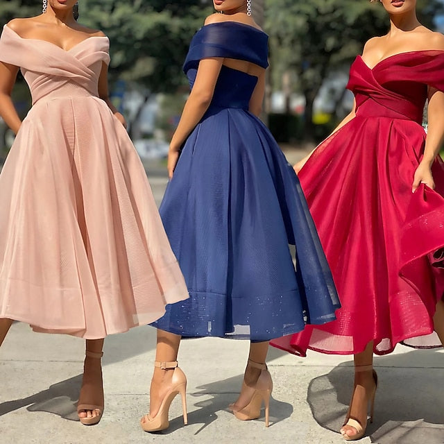 Women‘s Semi Formal Wedding Guest Party Dress Homecoming Dress Swing Dress Long Dress Maxi Dress Blue Pink Red Sleeveless Pure Color Mesh Spring Summer Off Shoulder Slim