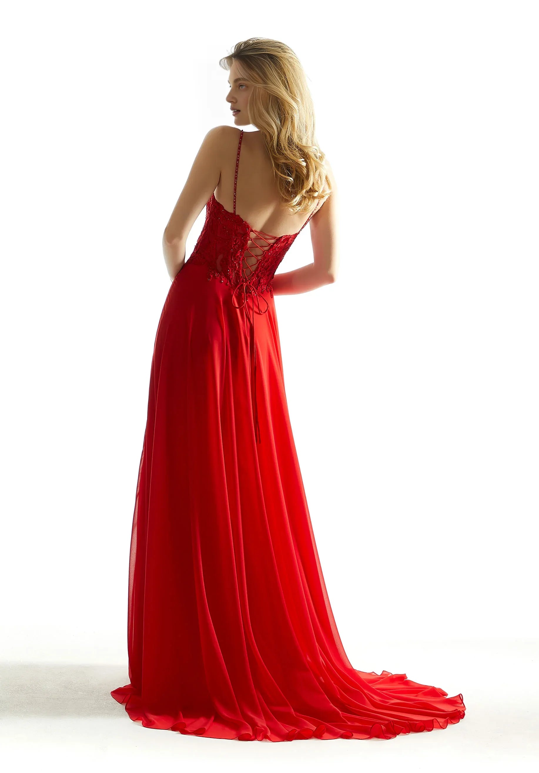 A Line Evening Prom Dress Chiffon Spaghetti Strap Sweep/Brush Train With Hight Slit Evening Dress