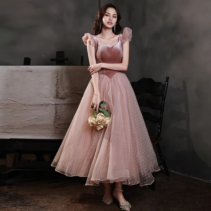 Vestidos formales Weitese para mujer, vestido de fiesta de tul y terciopelo rosa dulce, vestido de fiesta corto de corte A, tiendas de vestidos de fiesta 