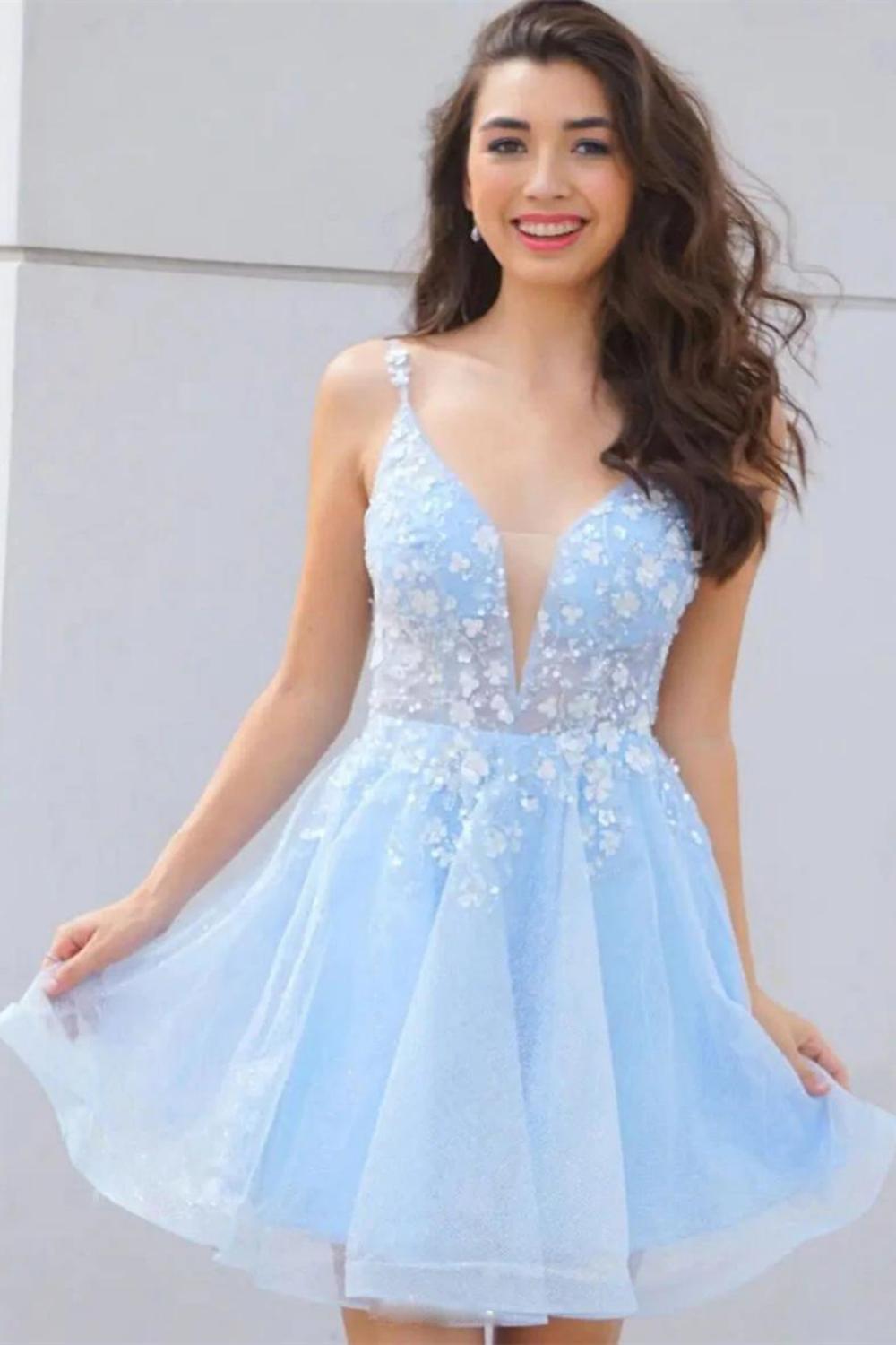 Weitese A Line Spaghetti Straps Homecoming Dress With Applique