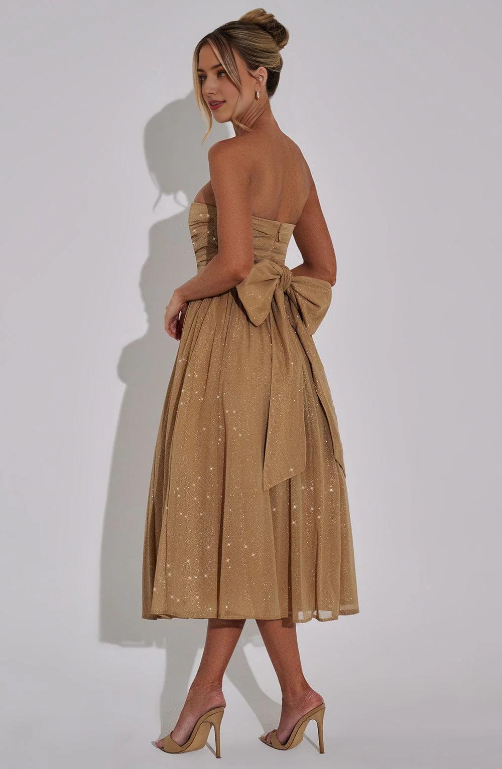 2025 A Line Strapless Tulle Prom Dress with Bow Sparkle Cocktail Party Dress Tea Length Evening Dance Ball Gown