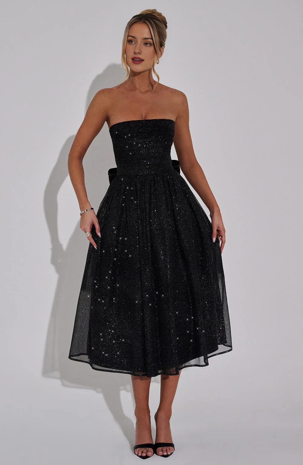 2025 A Line Strapless Tulle Prom Dress with Bow Sparkle Cocktail Party Dress Tea Length Evening Dance Ball Gown