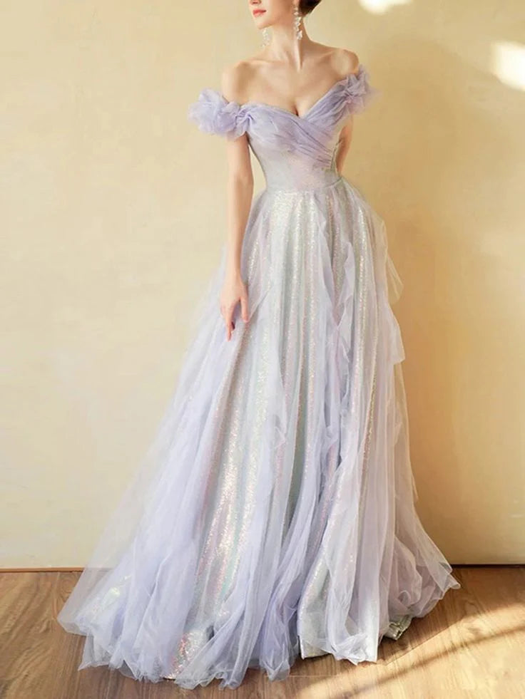 Weitese Formal Women's Dresses Off The Shoulder Lilac A Line Tulle Prom Dress Birthday Party Gown Prom Dresses Stores