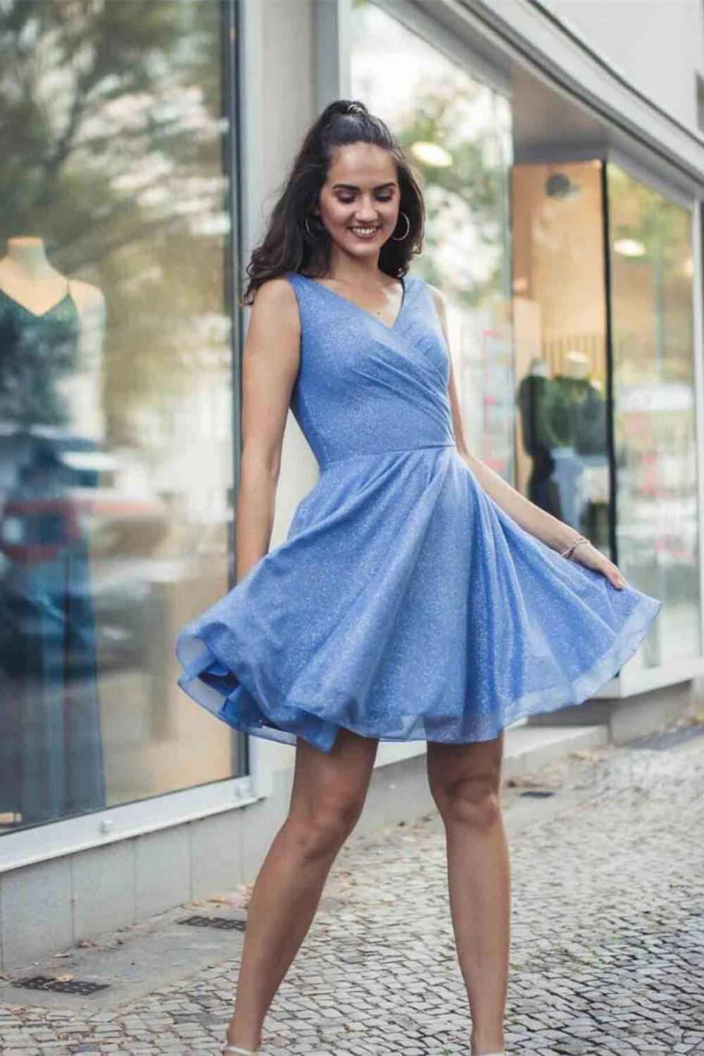 Weitese A Line V Neck Mini Homecoming Dress With Pleat
