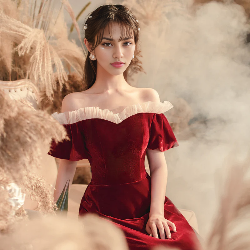 Vestidos formales Weitese para mujer, vestido de fiesta largo burdeos con hombros descubiertos, vestido de noche de terciopelo de corte A, tiendas de vestidos de fiesta 