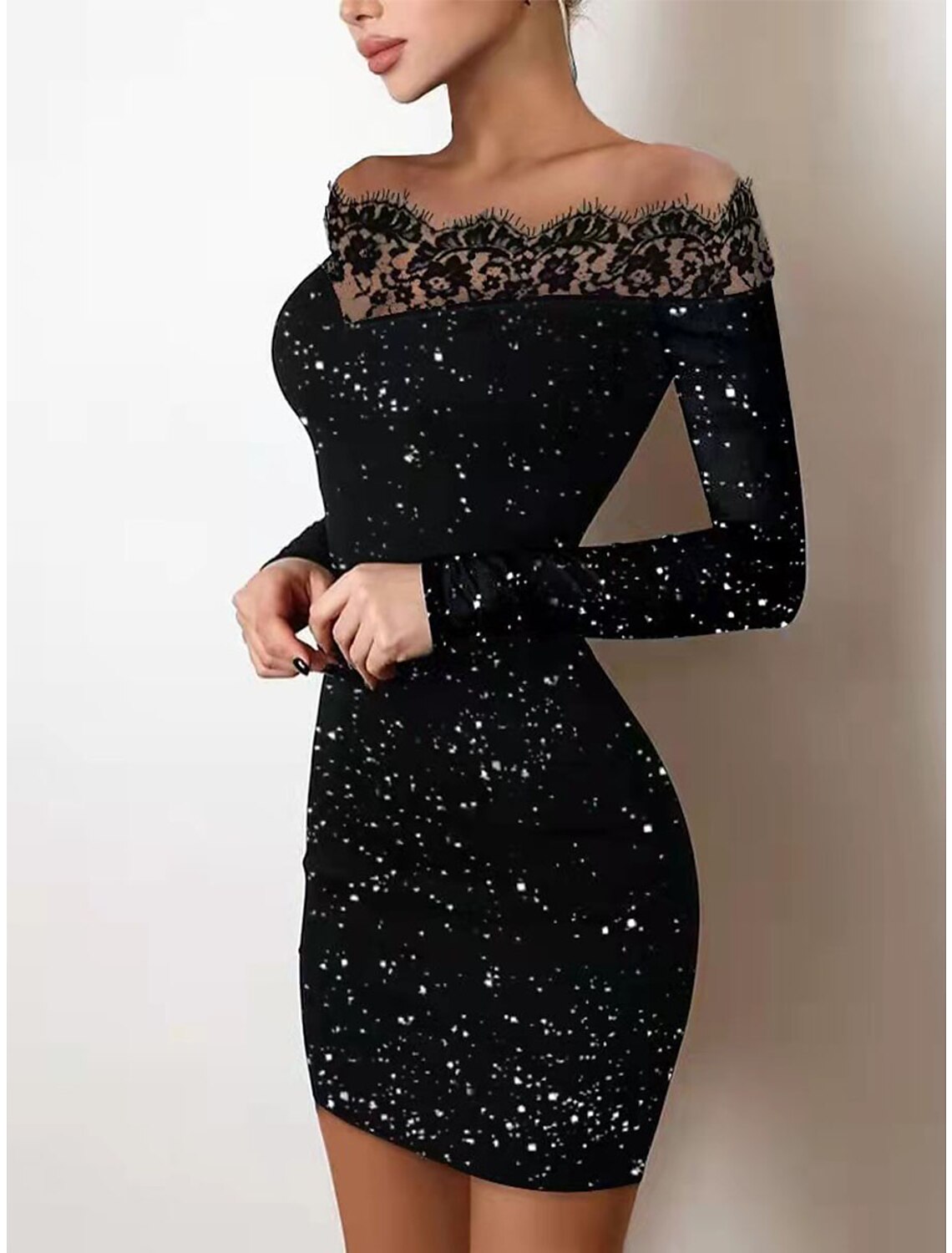 Weitese Women's Black Dress Party Dress Wedding Guest Dress Mini Dress Black Long Sleeve Dot Lace Spring Fall Winter Off Shoulder Fashion Winter Dress Wedding Guest Evening Party