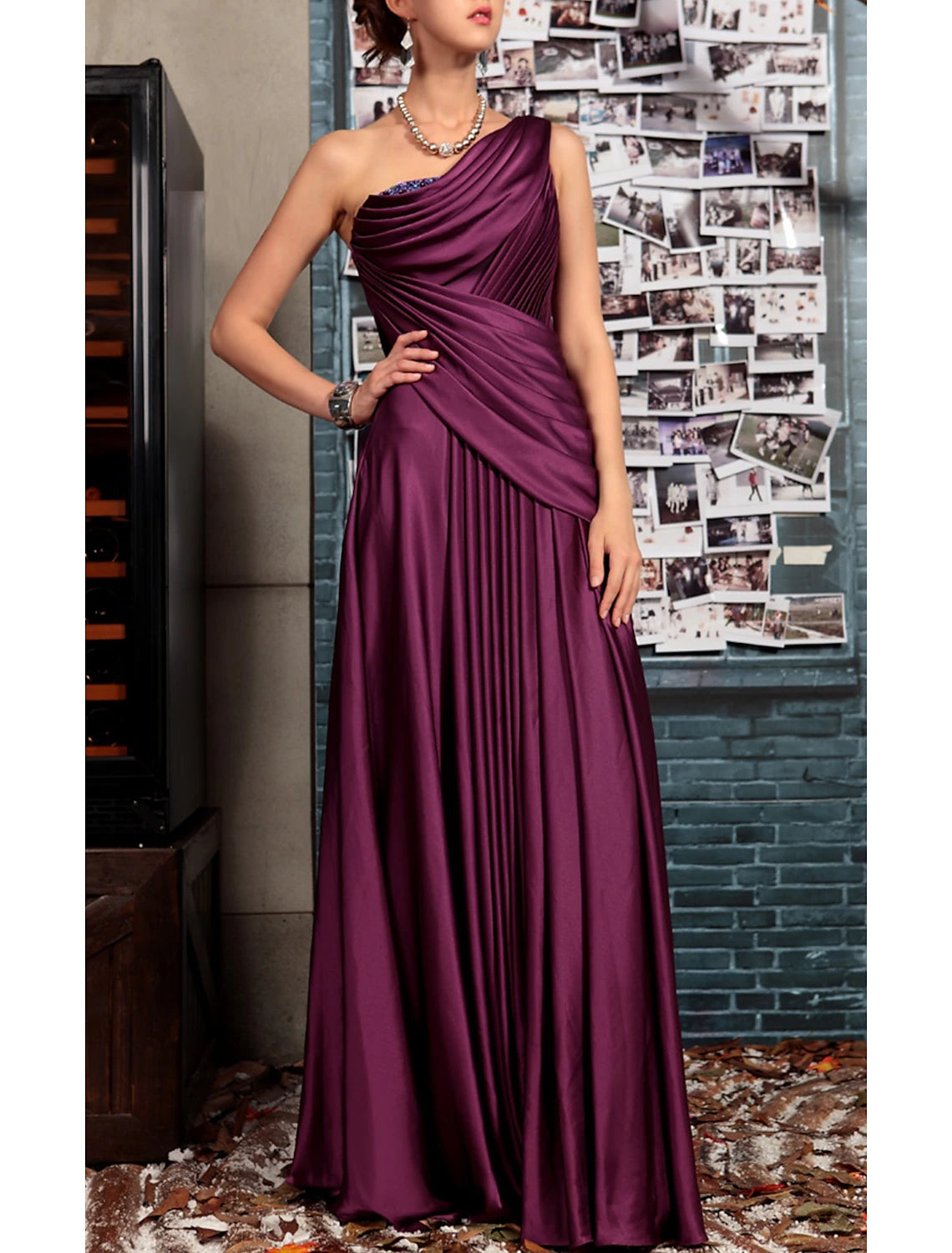 Weitese Sheath Black Dress Evening Gown Elegant Dress Formal Evening Floor Length Sleeveless One Shoulder Fall Wedding Guest Satin Backless with Pleats Crystals Draping