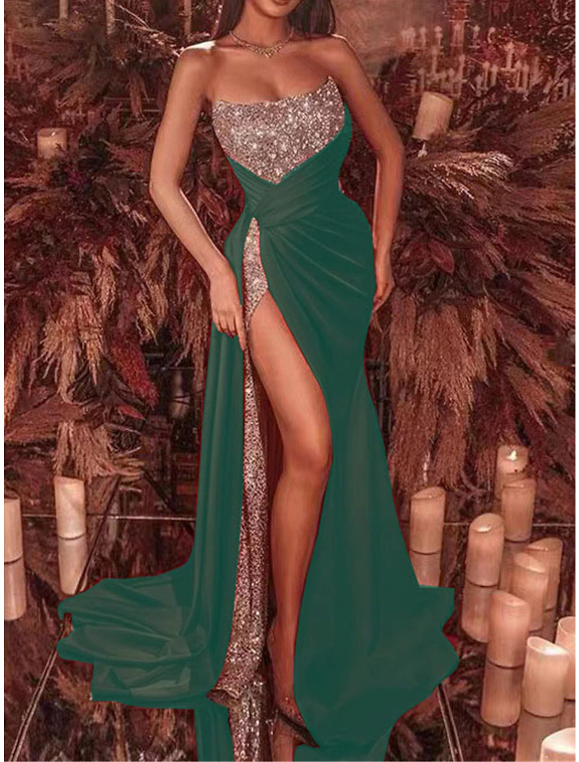 Weitese Women's Sequin Dress Prom Dress Party Dress Long Dress Maxi Dress Red Blue Green Sleeveless Plain Sequins Summer Spring Fall Strapless Red Valentines Dress Valentine's Day Wedding Guest Evening Party