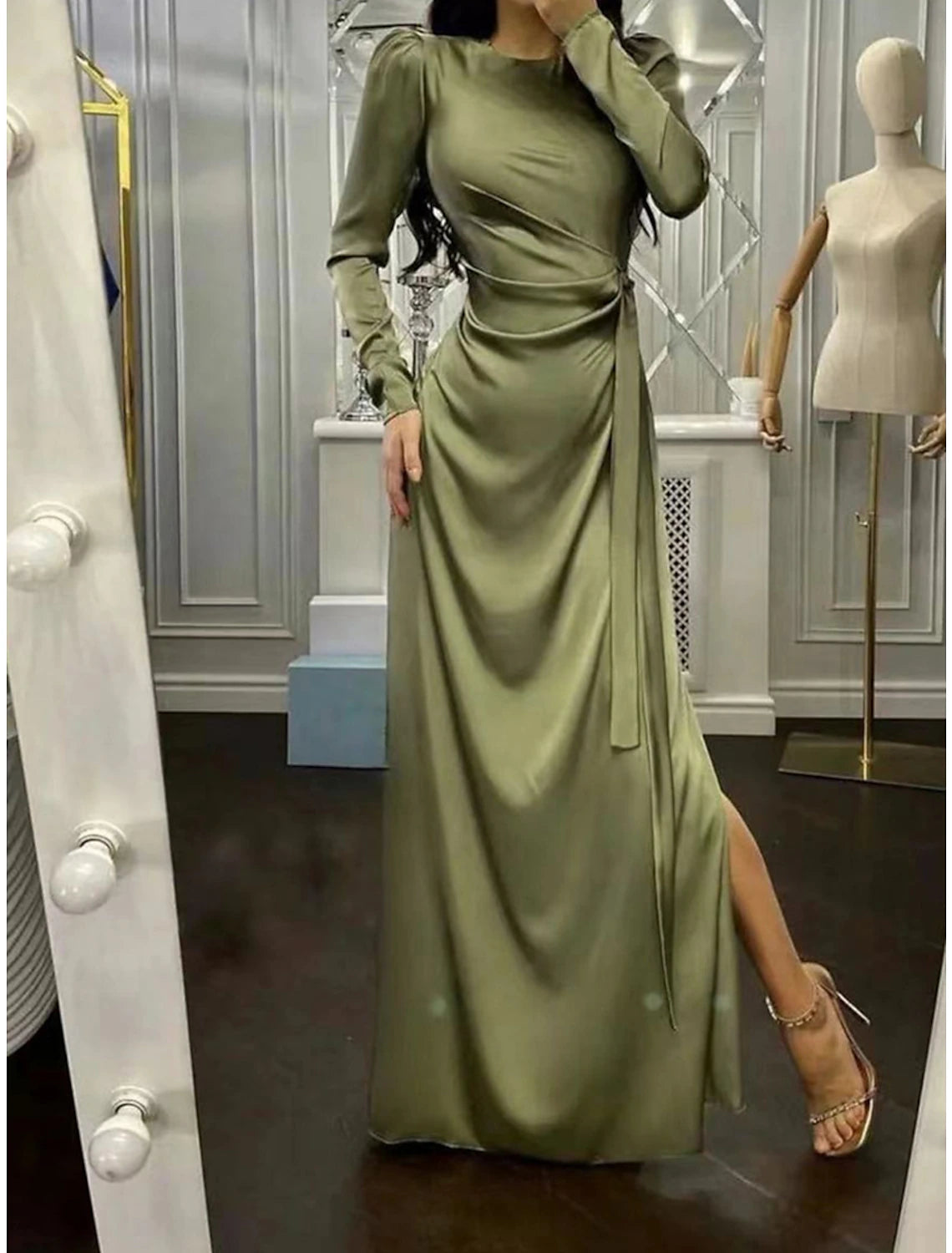 Weitese Women's Black Dress Prom Dress Party Dress Long Dress Maxi Dress Black Pink Green Long Sleeve Pure Color Split Fall Winter Autumn Crew Neck Fashion Winter Dress Wedding Guest Evening Party