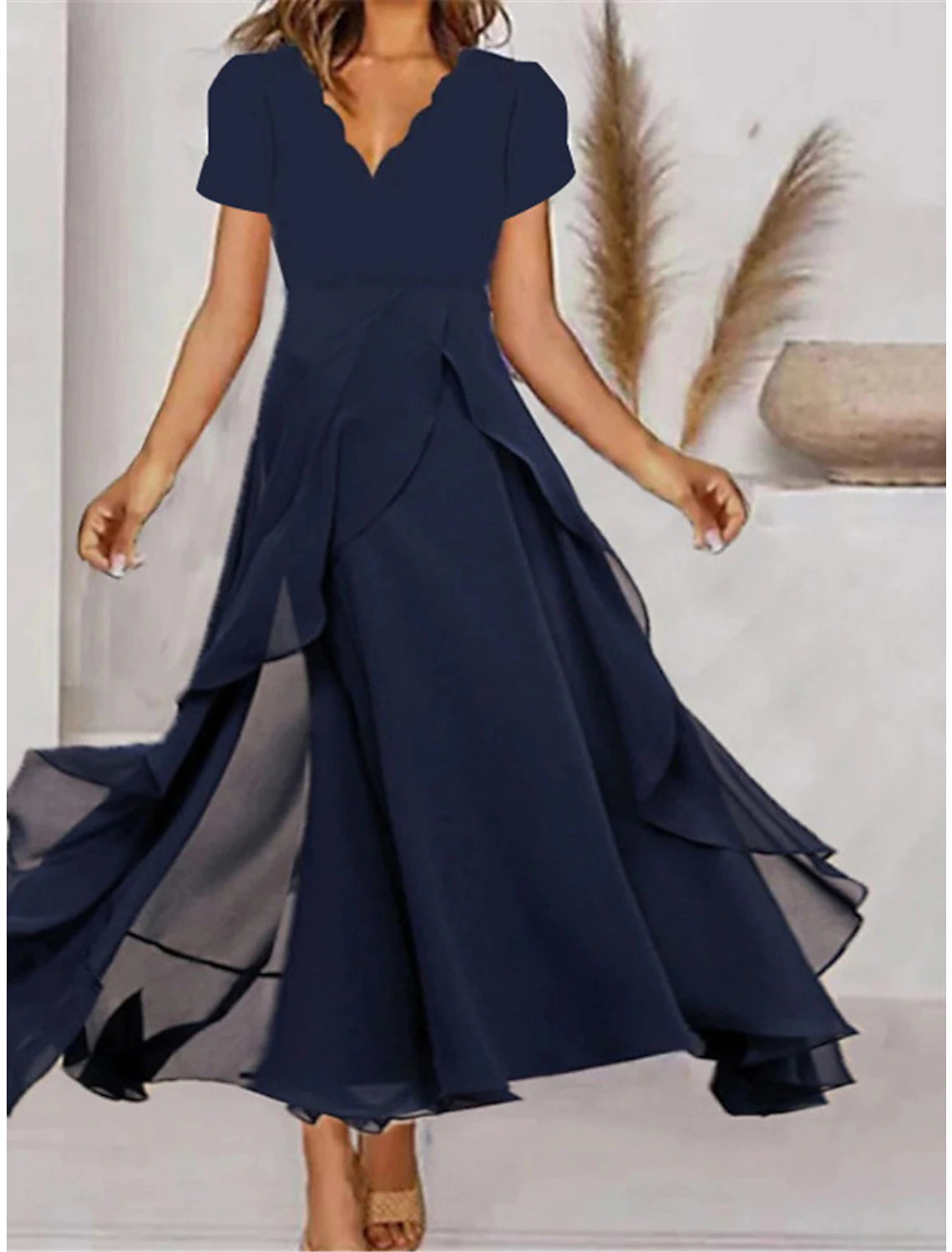 Weitese Women's Prom Dress Party Dress Wedding Guest Dress Long Dress Maxi Dress Navy Blue Short Sleeve Pure Color Ruffle Summer Spring Fall V Neck Fashion Evening Party Wedding Guest Vacation