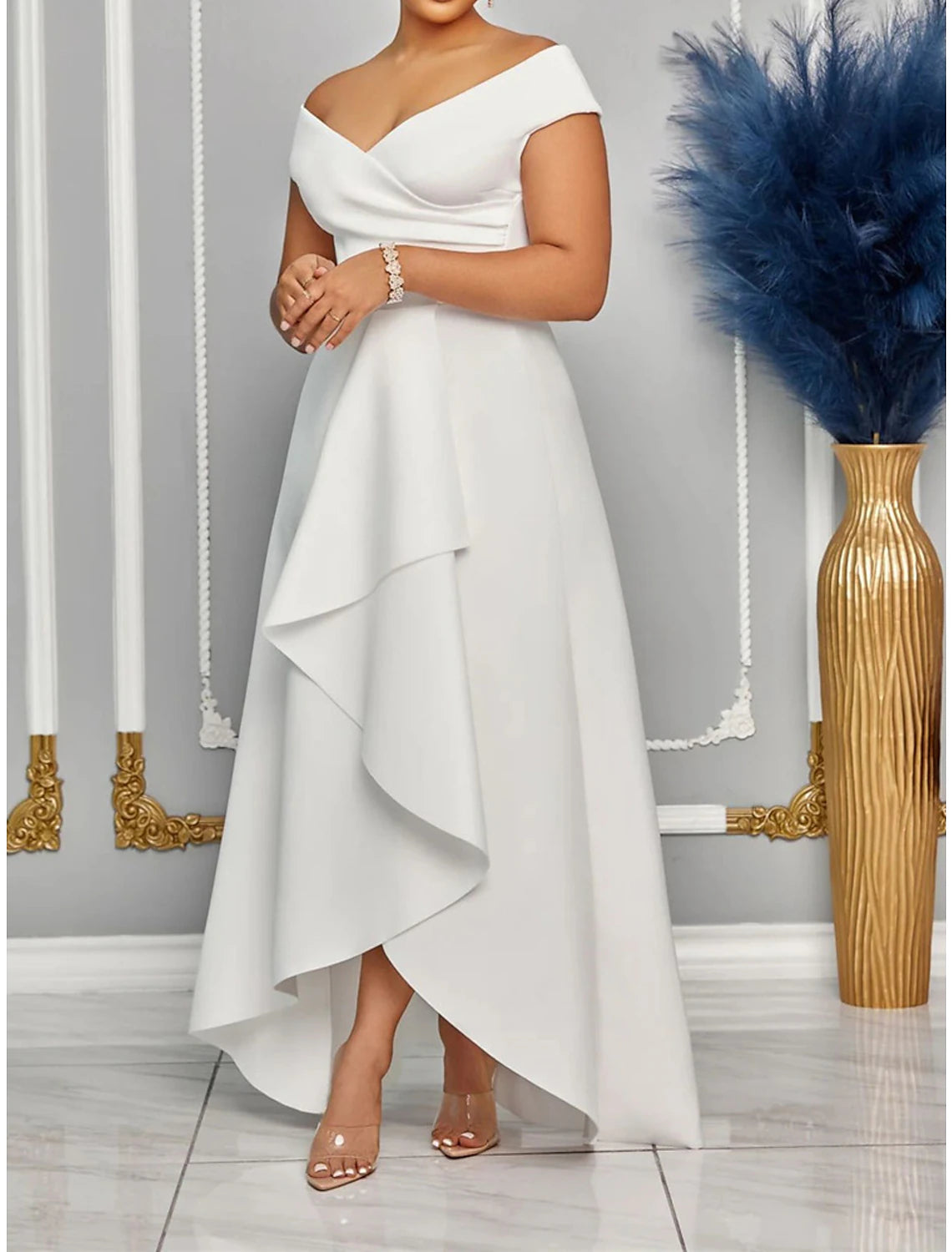 Weitese Women's Prom Dress Party Dress Wedding Guest Dress Long Dress Maxi Dress Black White Red Short Sleeve Plain Ruffle Summer Spring Fall V Neck Elegant Wedding Guest Evening Party Vacation