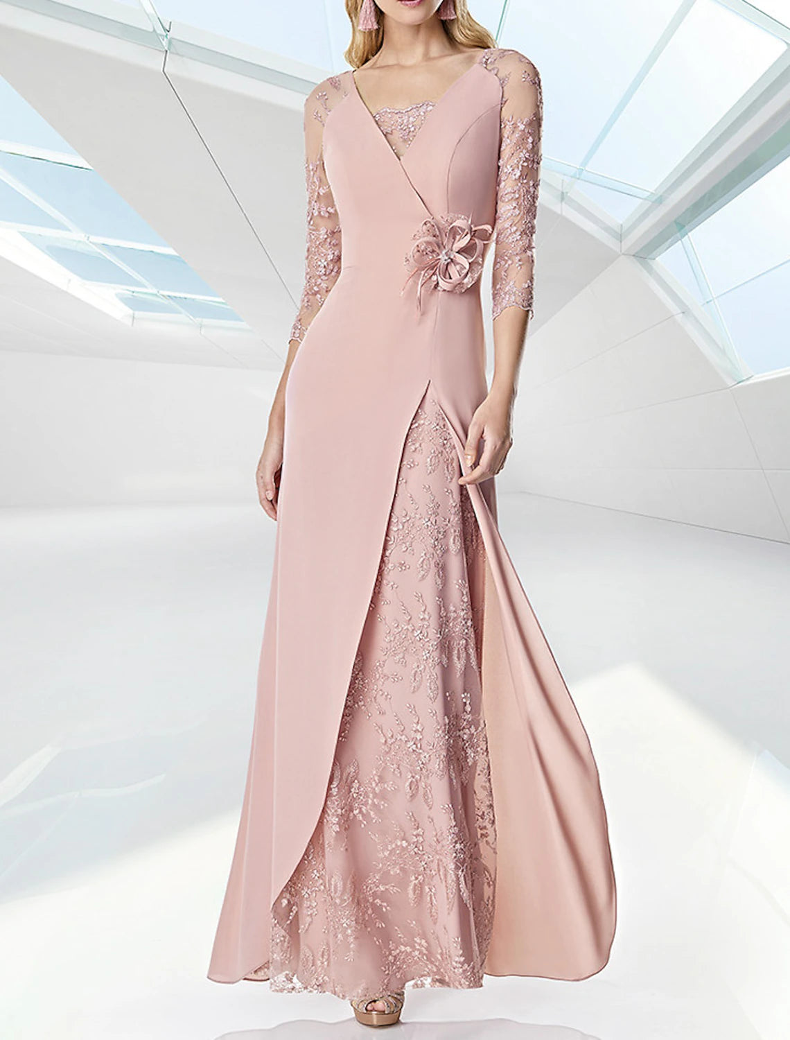 Weitese A-Line Evening Gown Elegant Dress Formal Floor Length 3/4 Length Sleeve V Neck Fall Wedding Guest Chiffon with Embroidery