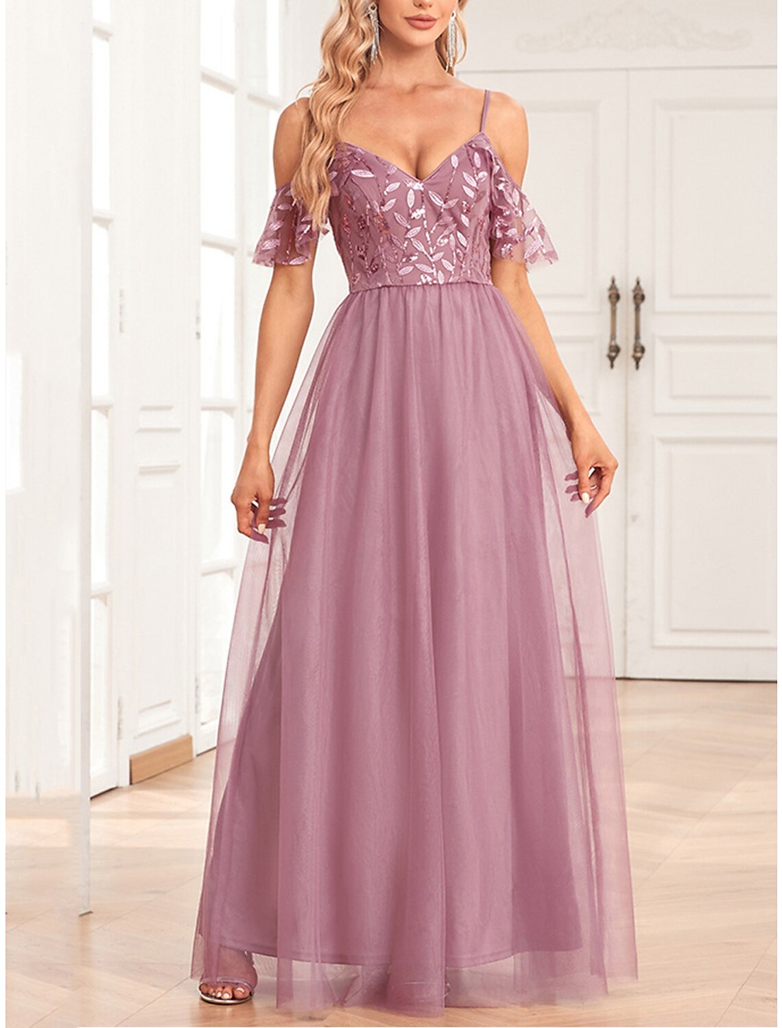 Weitese Women's Pink Sequin Dress Prom Dress Party Dress Sparkly Dress Long Dress Maxi Dress Short Sleeve Sparkly Glitter Fall Winter Spaghetti Strap Fashion Evening Party