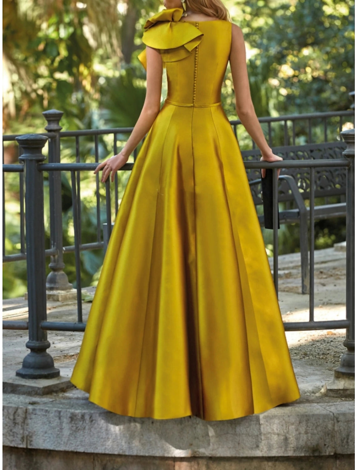 Weitese A-Line Evening Gown Elegant Dress Formal Wedding Guest Floor Length Sleeveless V Neck Satin with Shouder Flower