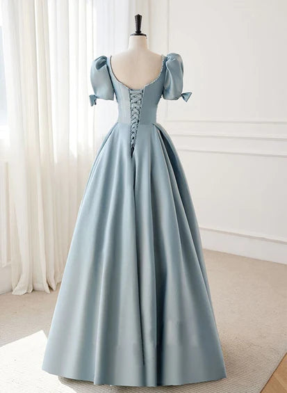 A-line Blue Satin Short Sleevs Long Formal Dress