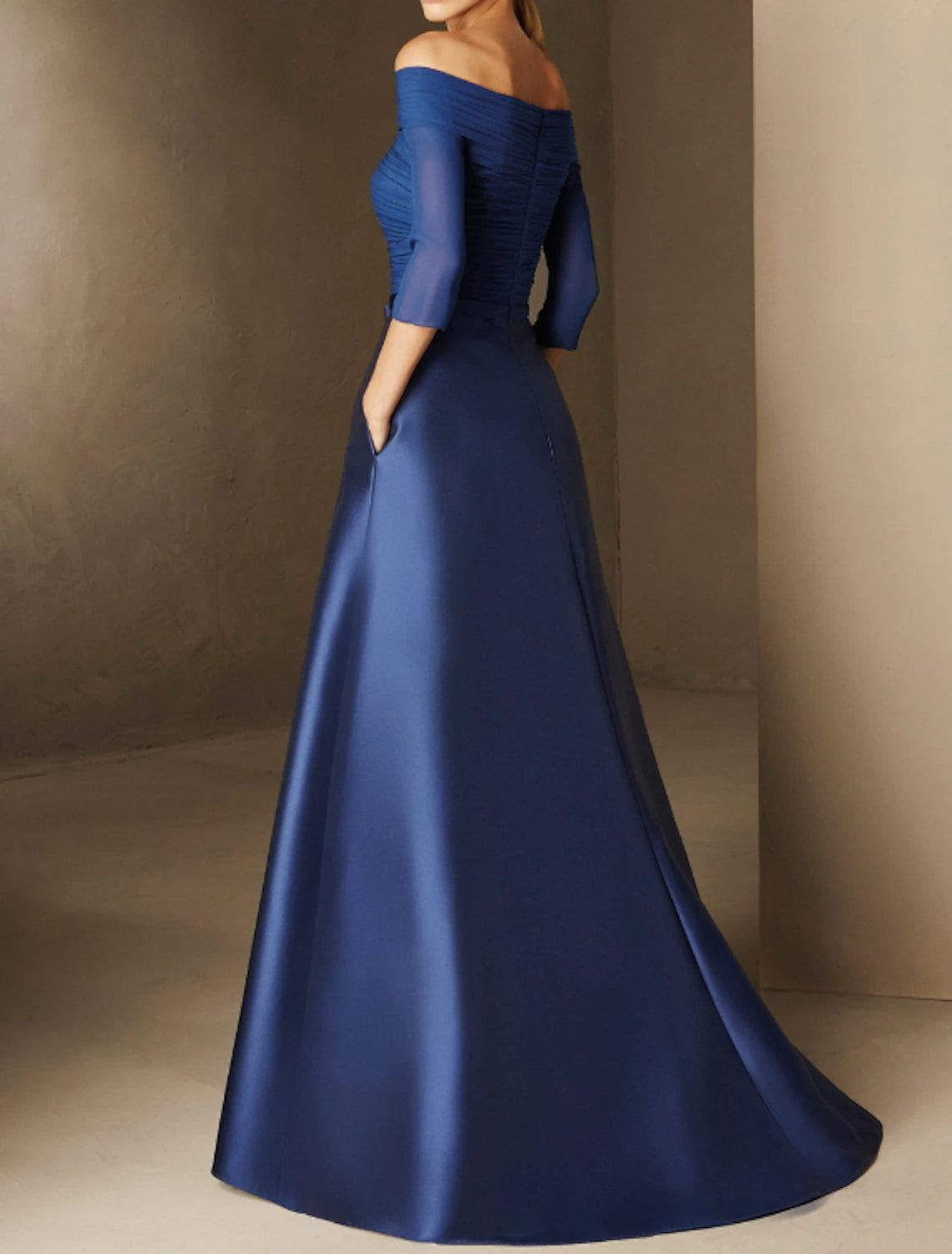 Weitese A-Line Evening Gown Elegant Dress Engagement Formal Evening Floor Length Half Sleeve Off Shoulder Fall Wedding Guest Chiffon with Ruched