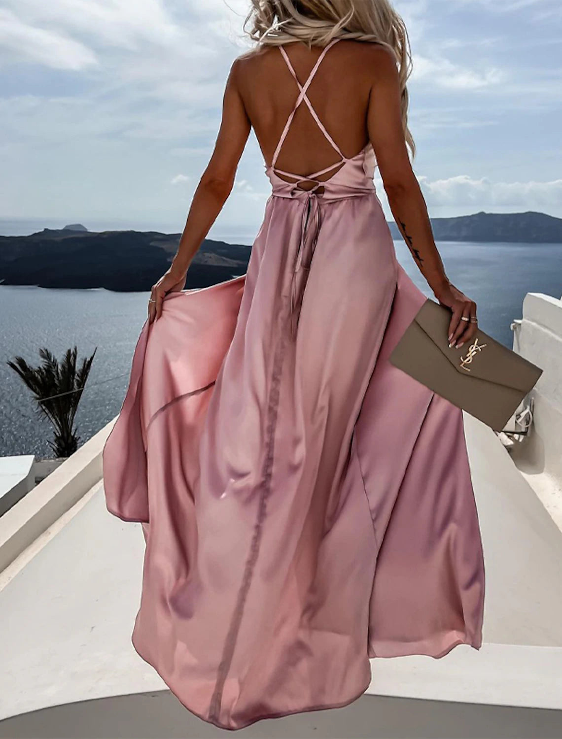 Weitese Women's Prom Dress Party Dress Satin Dress Pink Dress Long Dress Maxi Dress Fuchsia Khaki Sleeveless Pure Color Backless Summer Spring Fall Spaghetti Strap Fashion Birthday Evening Wedding Guest