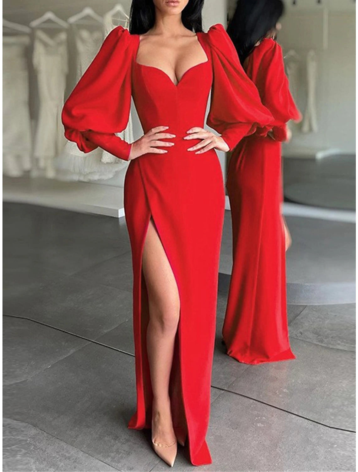 Weitese Women's Prom Dress Party Dress Wedding Guest Dress Long Dress Maxi Dress Red Beige Long Sleeve Plain Split Summer Spring Fall Square Neck Elegant Wedding Guest Birthday Evening Party