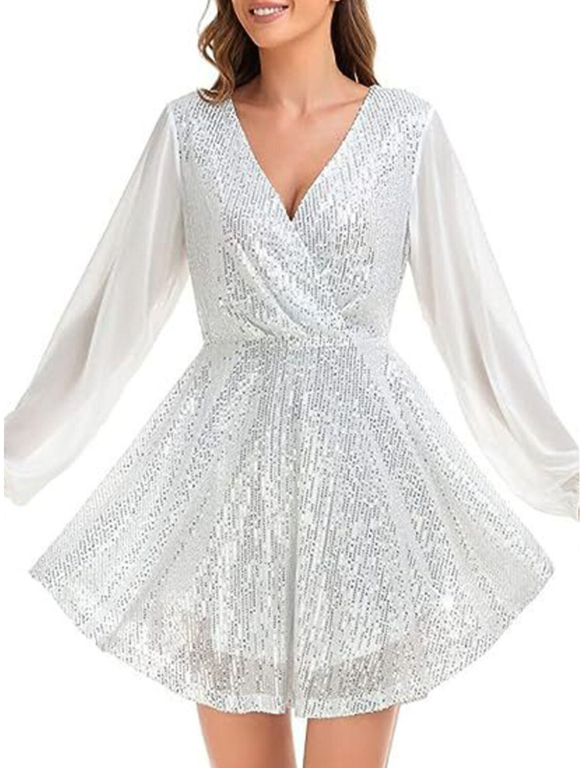 Weitese Women's Black Dress Sequin Dress Party Dress Mini Dress Black White Long Sleeve Pure Color Sequins Spring Fall Winter V Neck Fashion Winter Dress Wedding Guest Evening Party