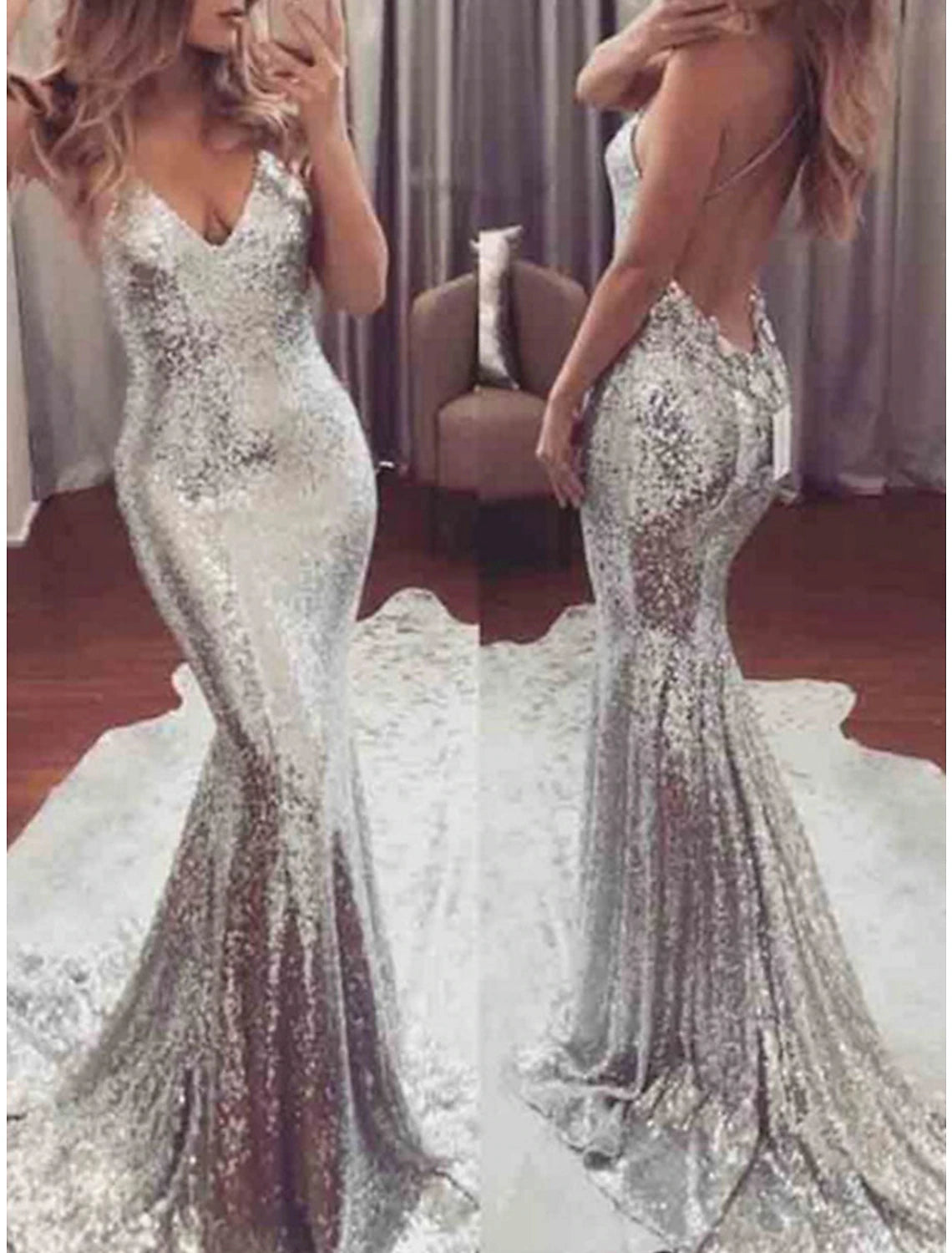 Weitese Women's Silver Sequin Dress Prom Dress Party Dress Sparkly Dress Long Dress Maxi Dress Silver Sleeveless Spring Fall Winter Spaghetti Strap Fashion Evening Party
