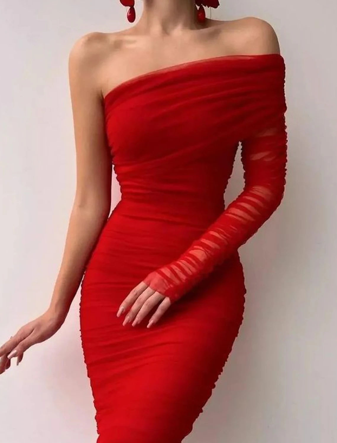 Robe noire Weitese pour femme, robe de cocktail, robe de soirée, robe d'invitée de mariage, robe moulante mi-longue, rouge, manches longues, froncée, printemps, automne, hiver, une épaule, fête, anniversaire, soirée, fête, invité de mariage, slim