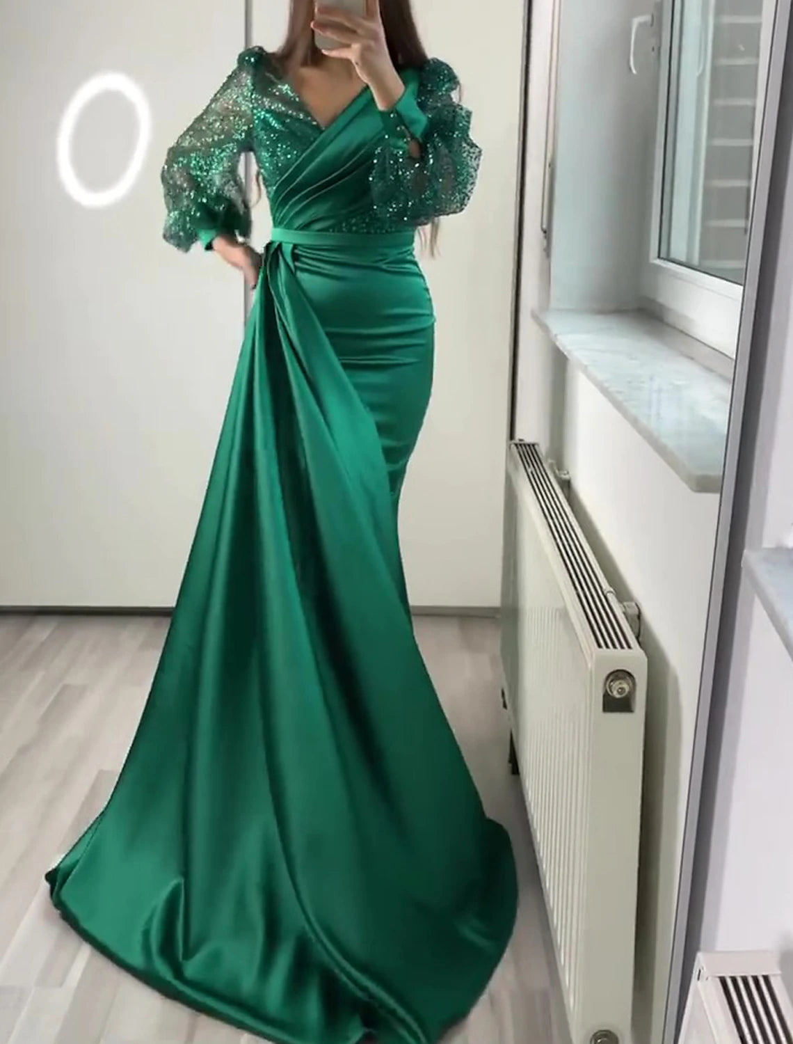 Weitese Mermaid Evening Dress Champagne Gown Sparkle Sequin Dress Formal Black Tie Floor Length Long Sleeve V Neck Satin With Buttons Pearls