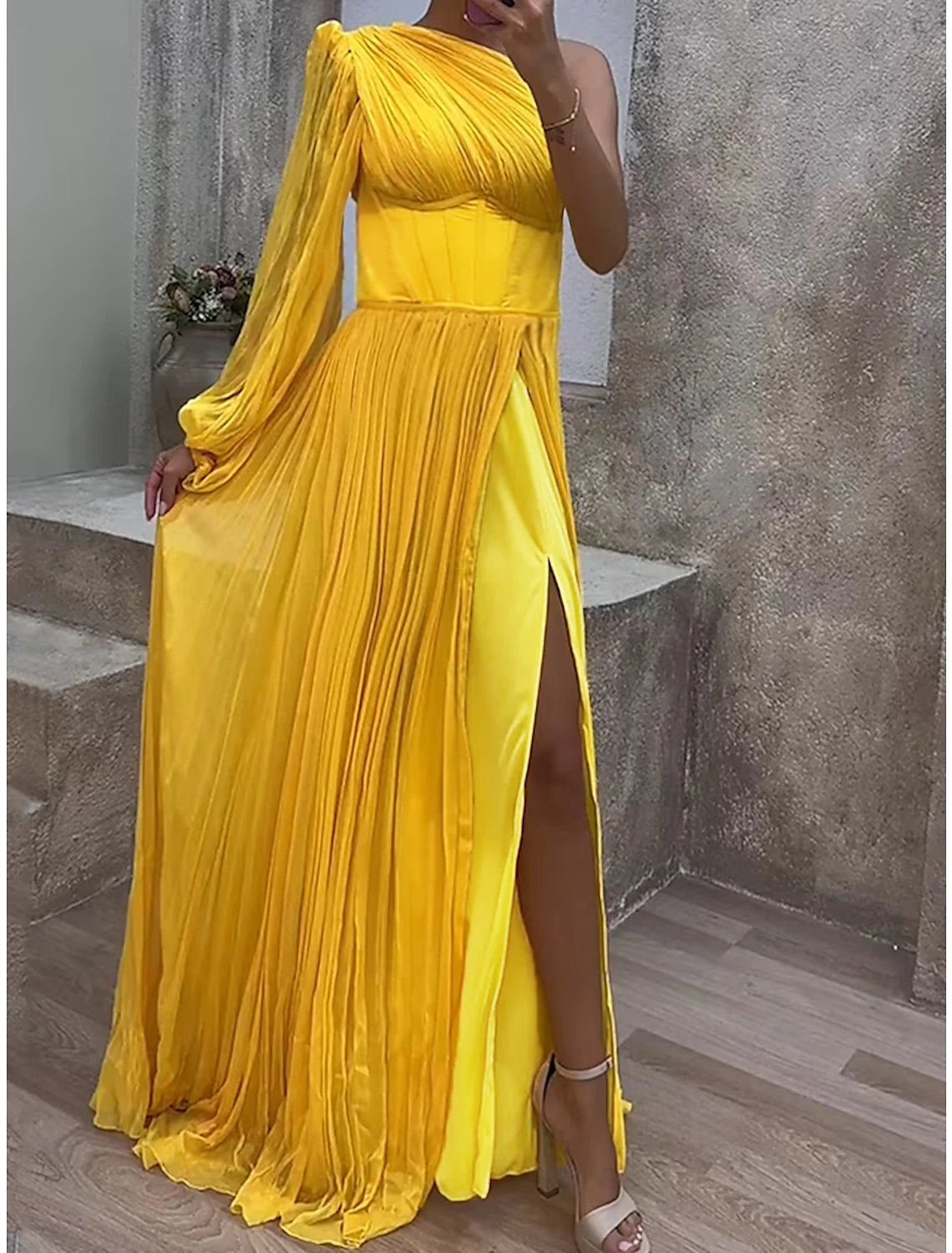 Weitese Women's Prom Dress Party Dress Corset Dress Long Dress Maxi Dress Yellow Sleeveless Pure Color Ruched Spring Fall Winter One Shoulder Party Wedding Guest Evening Party Vacation