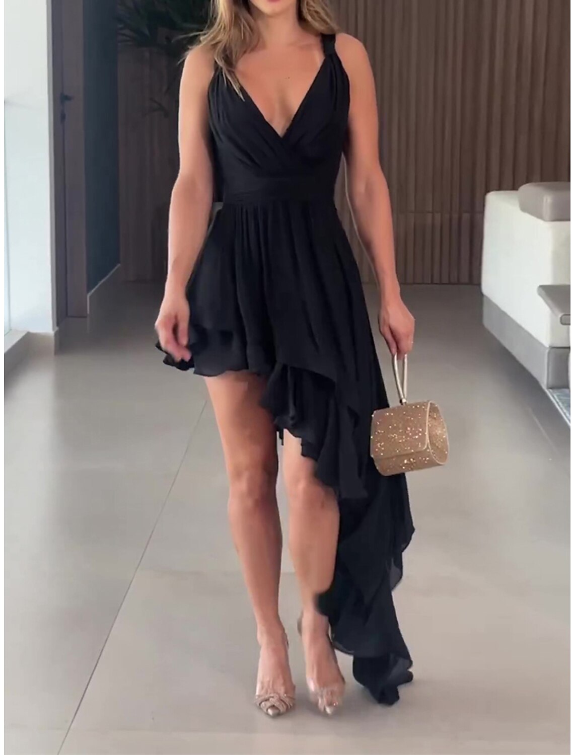 Weitese Women's Little Black Dress Prom Dress Party Dress Wedding Guest Dress Long Dress Maxi Dress Sleeveless Ruffle Spring Deep V Fashion Evening Party Wedding Guest