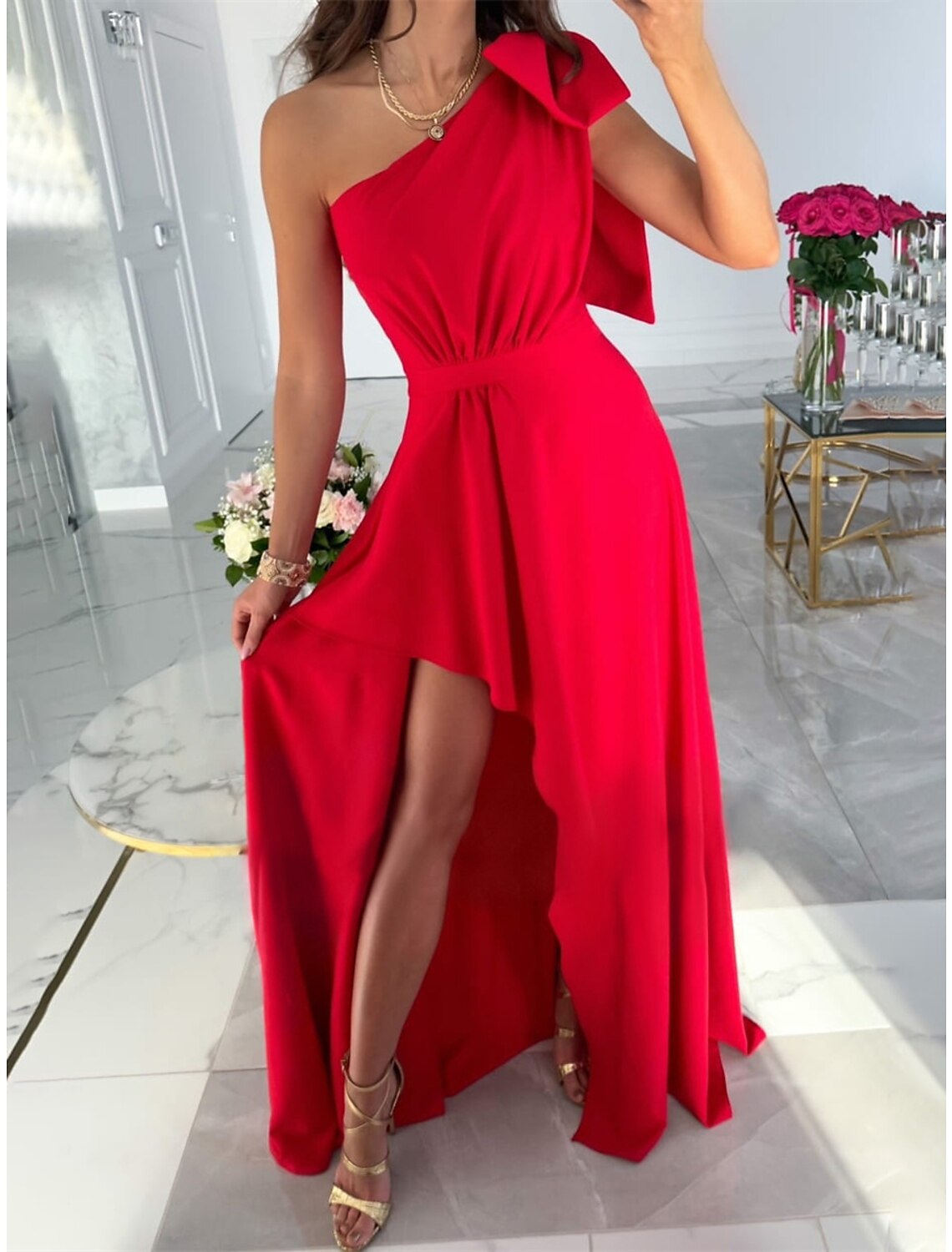Weitese Women's Prom Dress Party Dress Wedding Guest Dress Long Dress Maxi Dress Pink Wine Red Sleeveless Plain Split Summer Spring Fall One Shoulder Elegant Wedding Guest Evening Party Vacation