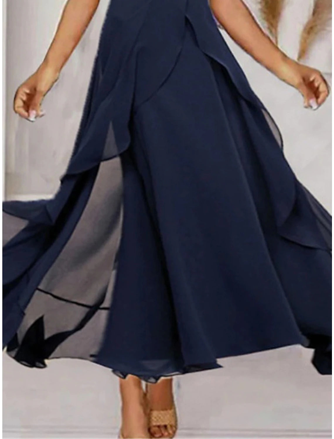Weitese Women's Prom Dress Party Dress Wedding Guest Dress Long Dress Maxi Dress Navy Blue Short Sleeve Pure Color Ruffle Summer Spring Fall V Neck Fashion Evening Party Wedding Guest Vacation