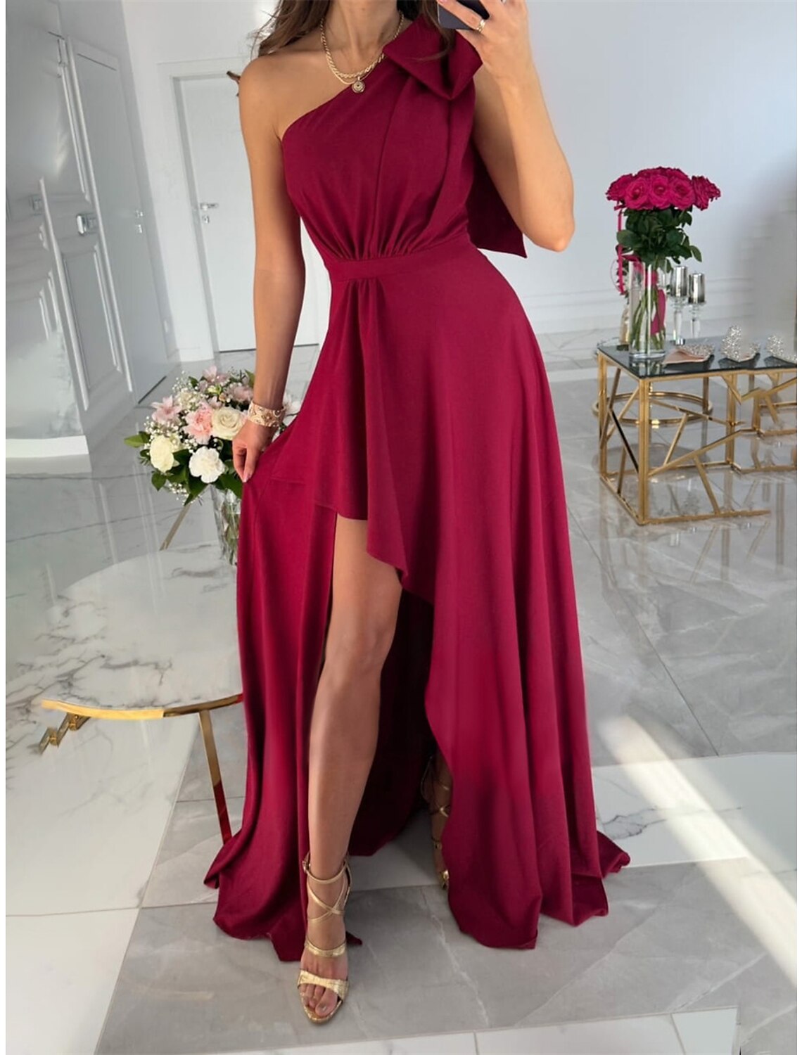Weitese Women's Prom Dress Party Dress Wedding Guest Dress Long Dress Maxi Dress Pink Wine Red Sleeveless Plain Split Summer Spring Fall One Shoulder Elegant Wedding Guest Evening Party Vacation