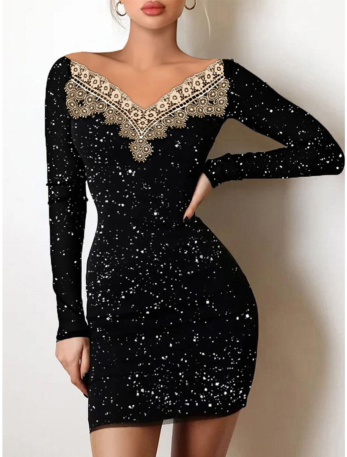 Weitese Women's Black Dress Party Dress Wedding Guest Dress Mini Dress Black Khaki Long Sleeve Dot Lace Spring Fall Winter V Neck Fashion Winter Dress Wedding Guest Evening Party