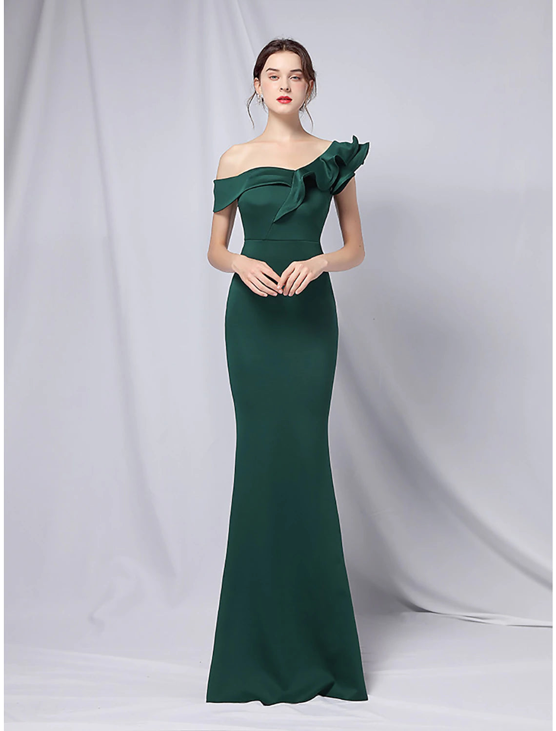 Weitese Mermaid Party Dress Evening Gown Empire Dress Wedding Guest Formal Evening Floor Length Short Sleeve One Shoulder Stretch Satin with Ruffles