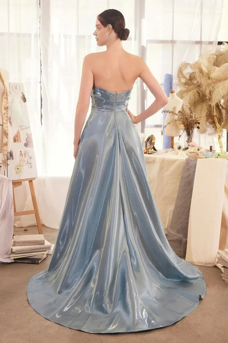 A Line Long Formal Pleated Prom Dress Strapless Smoky Blue Sweep/Brush Train Elegant Evening Dress