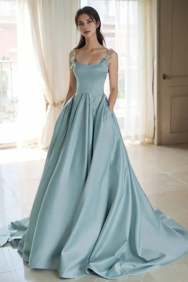 Prom Dresses Stores Chic Blue Satin A Line Spaghetti Straps Beaded Long Evening Dress Blue Satin Prom Dress Formal Women's Dresses