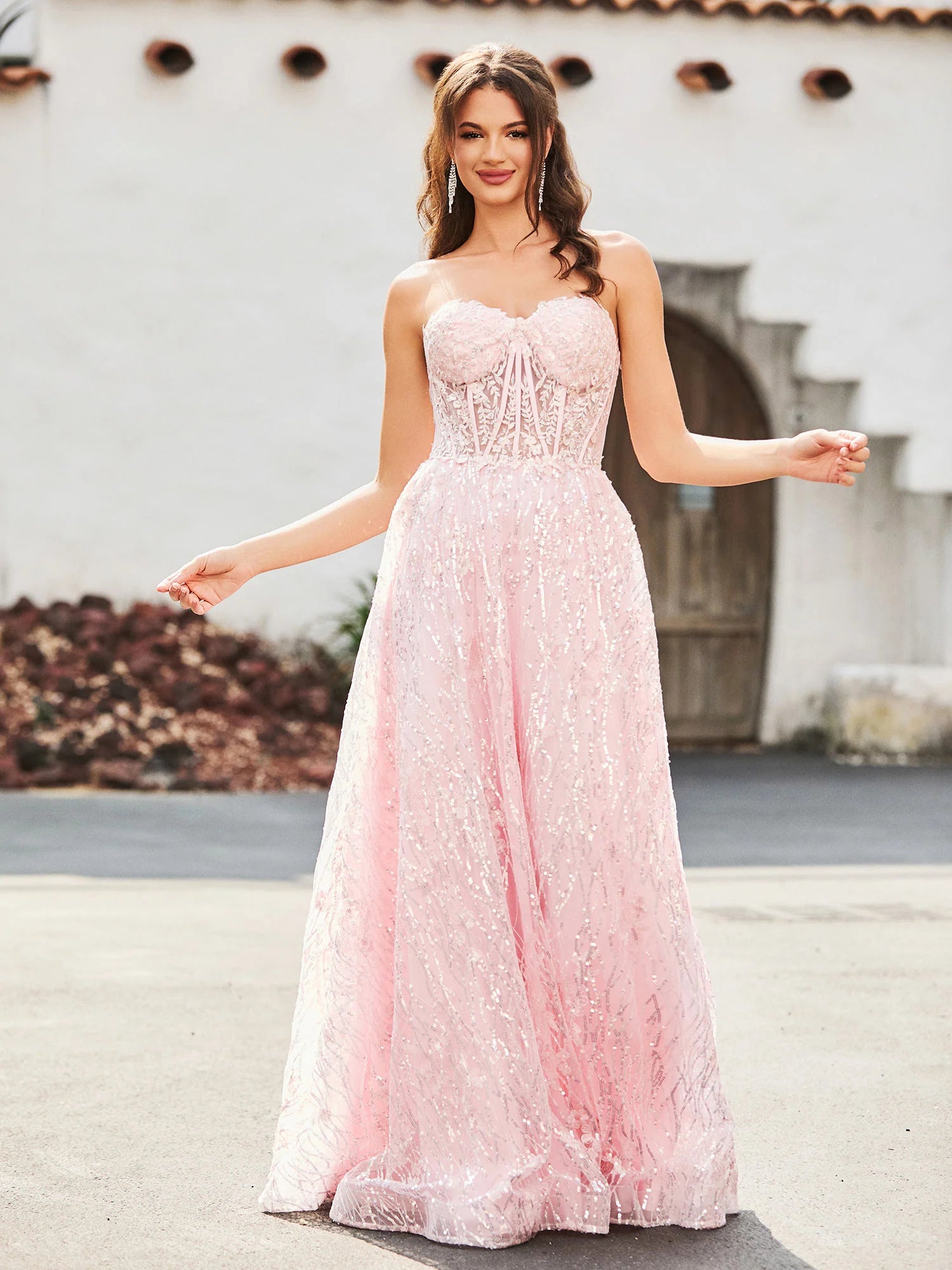 Blushing Pink Sequin Mesh A-Line Sweetheart Zipper Back Floor-Length Dress
