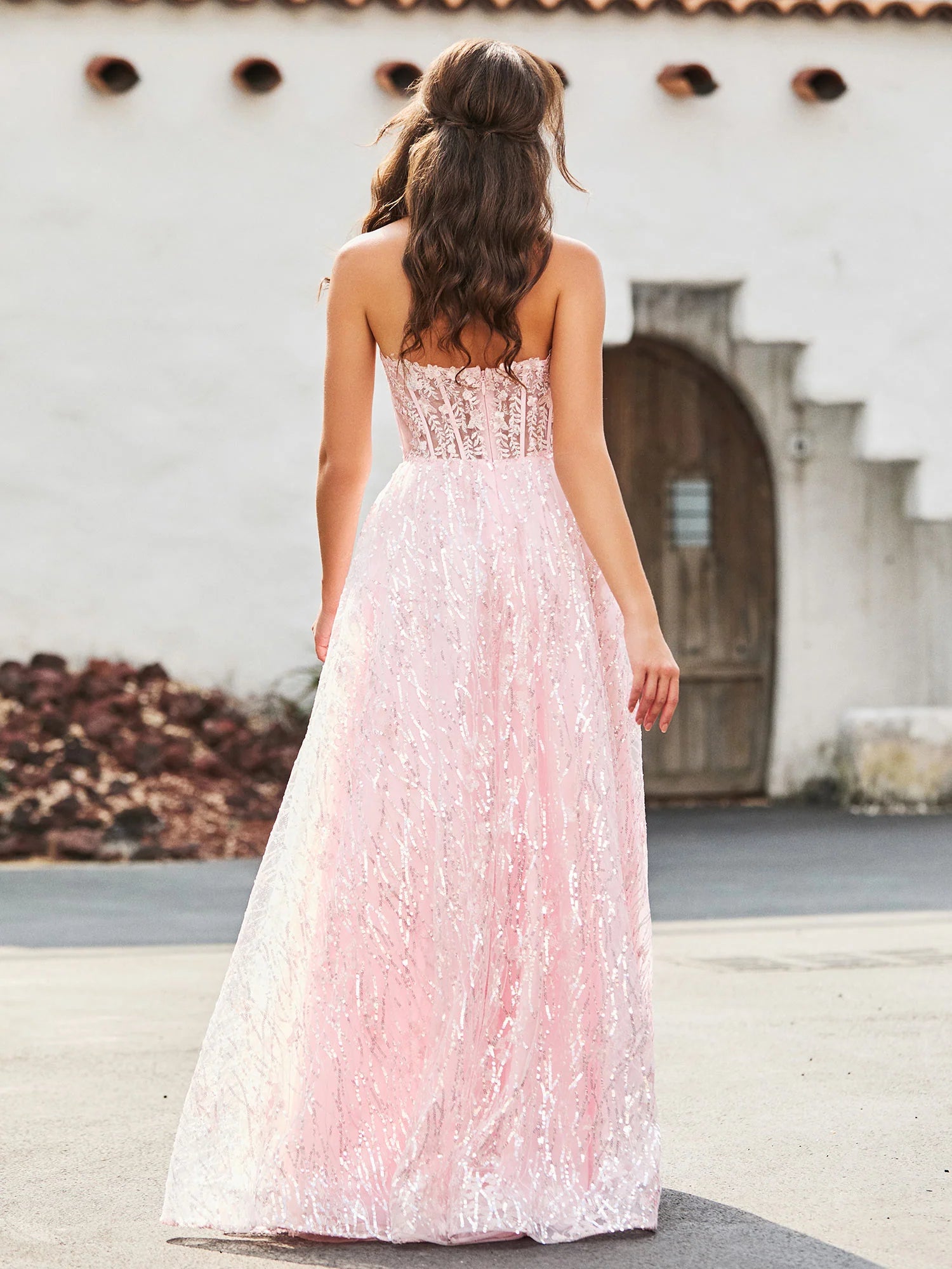 Blushing Pink Sequin Mesh A-Line Sweetheart Zipper Back Floor-Length Dress