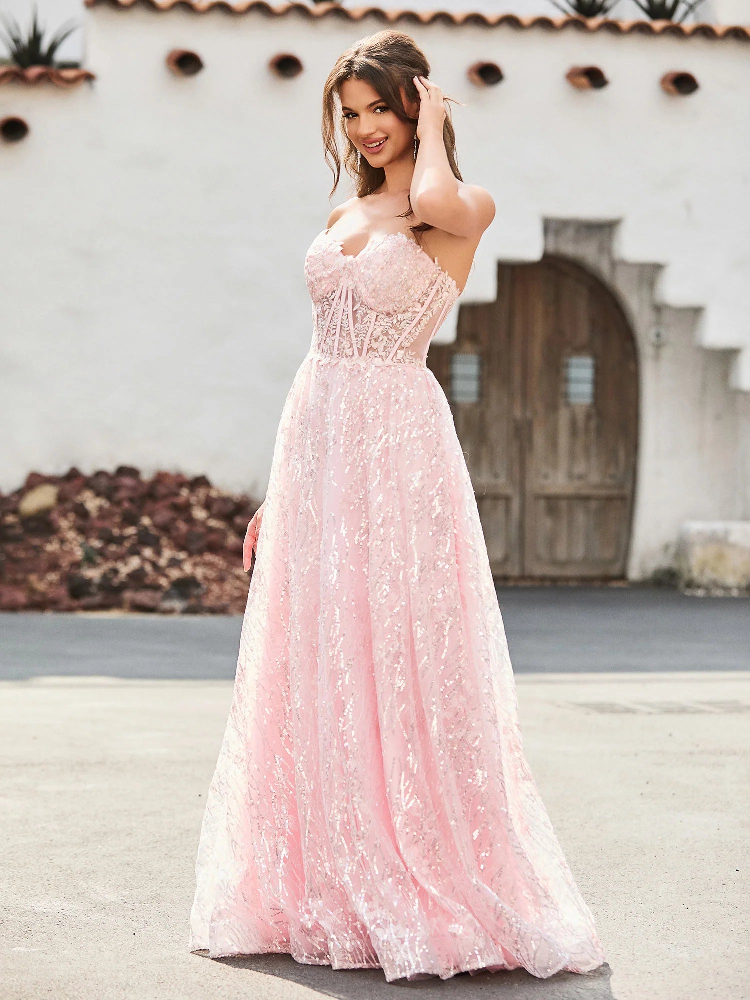 Blushing Pink Sequin Mesh A-Line Sweetheart Zipper Back Floor-Length Dress