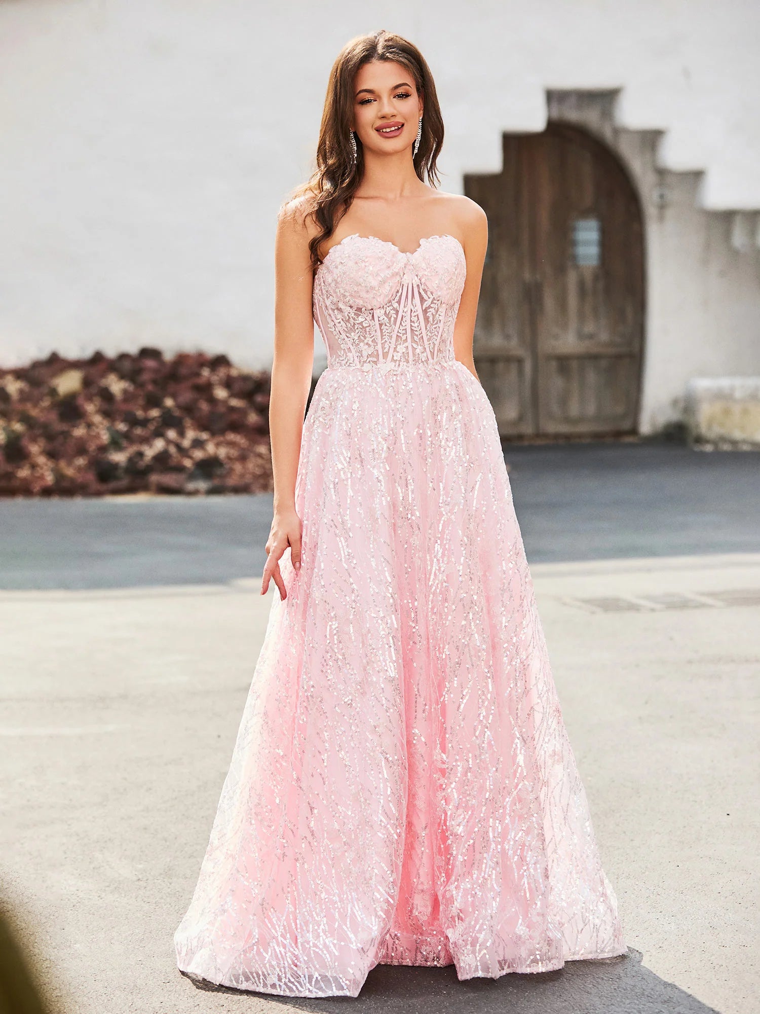 Blushing Pink Sequin Mesh A-Line Sweetheart Zipper Back Floor-Length Dress